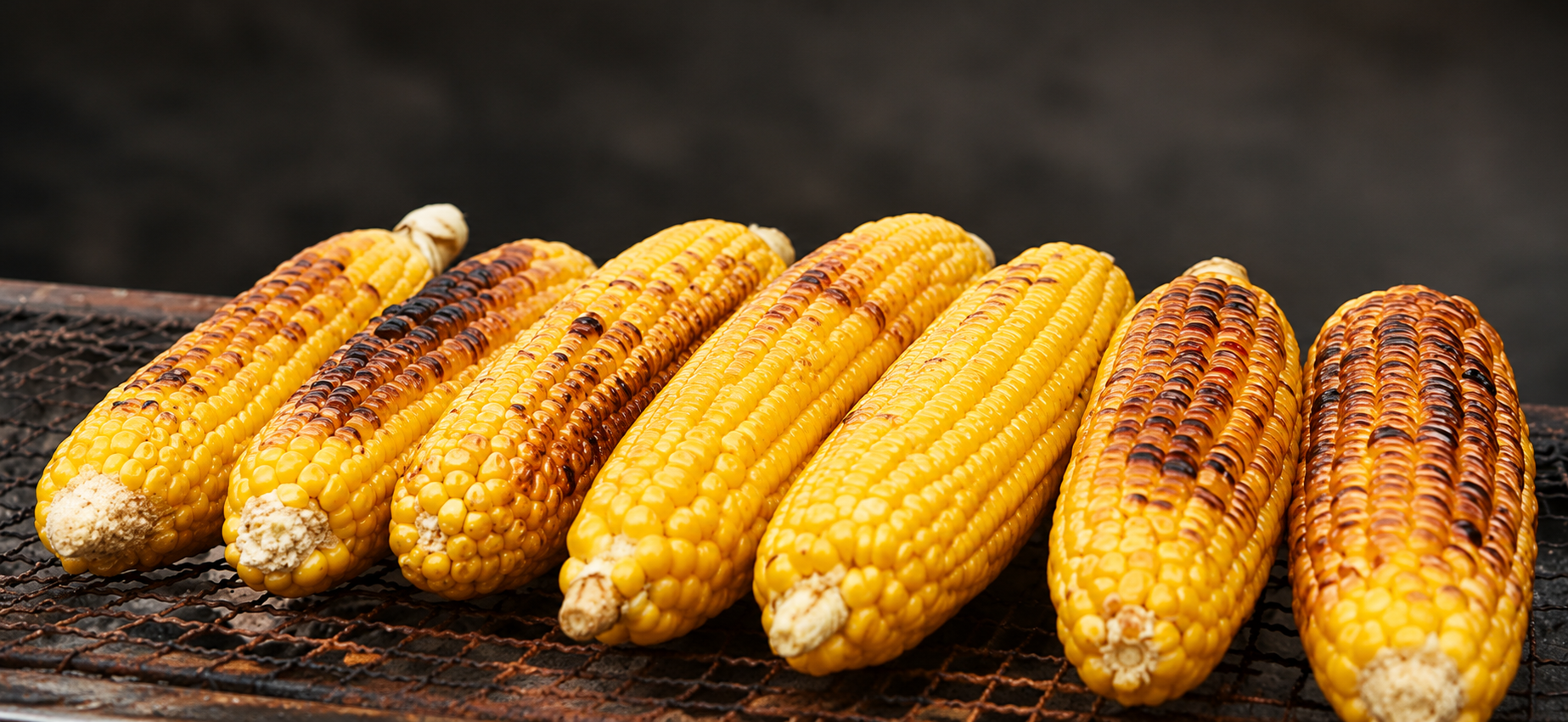Roasted corn being turned on the grill